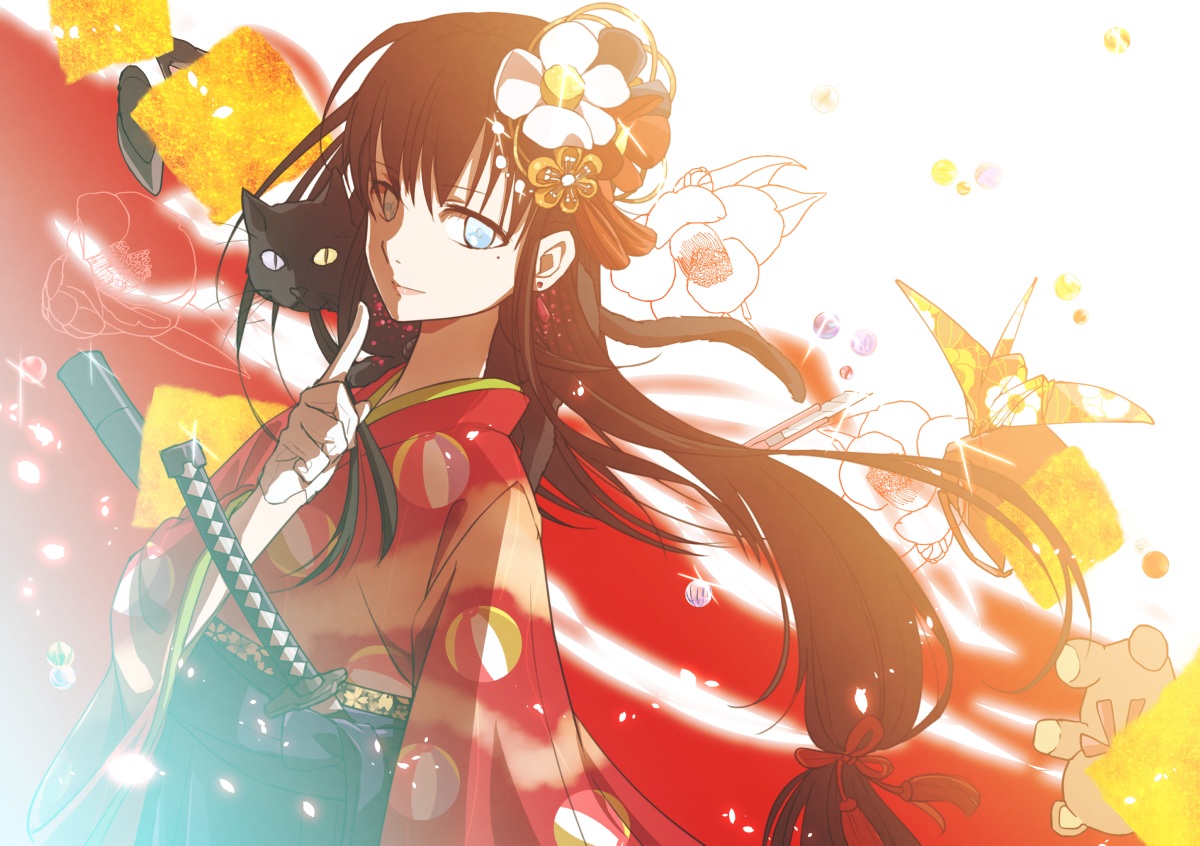 animal, aqua_eyes, black_hair, cat, gloves, headdress, japanese_clothes, katana, kimono, long_hair, original, sword, twinmix, weapon