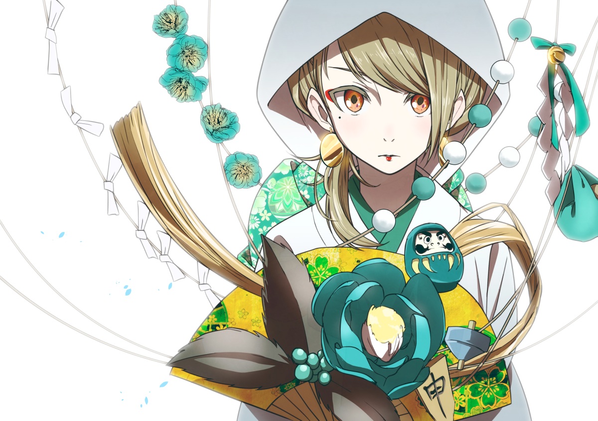 bell, blonde_hair, doll, fan, flowers, hood, japanese_clothes, kimono