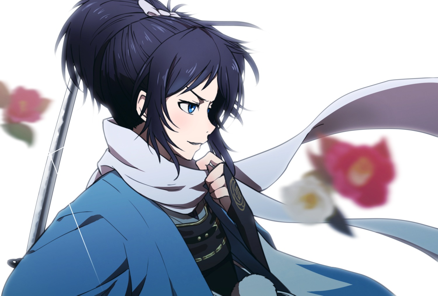 all_male, anthropomorphism, black_hair, blue_eyes, flowers, gloves, japanese_clothes, katana