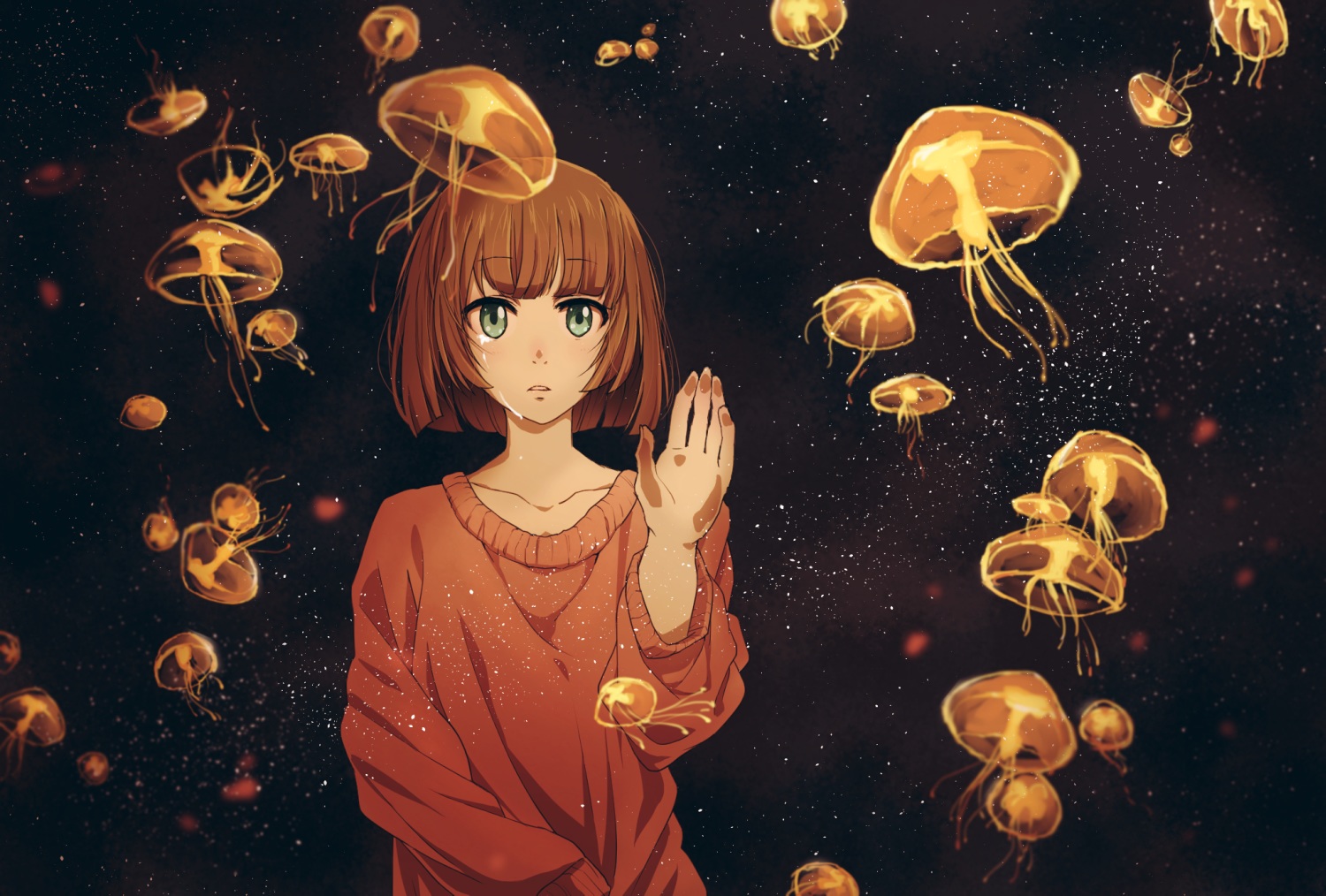 animal, aqua_eyes, brown_hair, crying, dark, fish, original, short_hair, stars, tears, twinmix