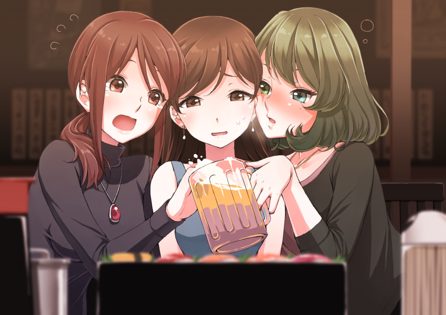 bicolored_eyes, blush, brown_eyes, brown_hair, drink, idolmaster, idolmaster_cinderella_girls, long_hair