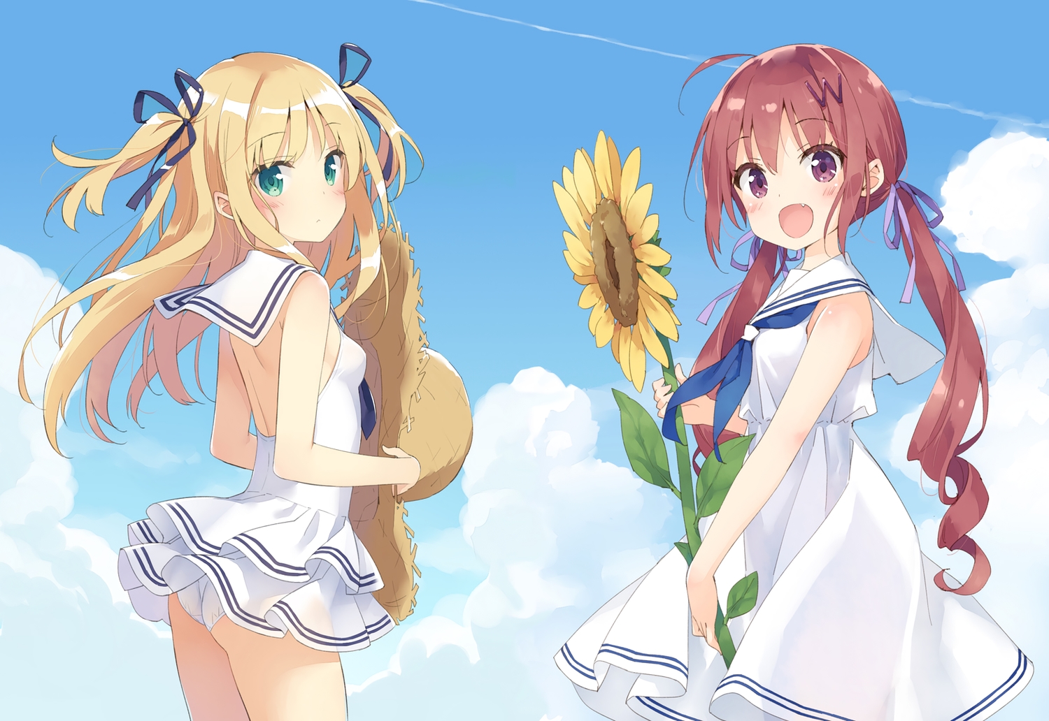 2girls, ass, blonde_hair, blush, clouds, dress, flowers, green_eyes