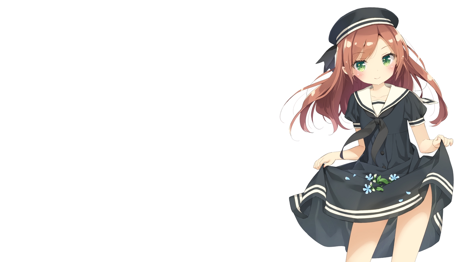 blush, brown_hair, dress, green_eyes, hat, kani_biimu, loli, long_hair, minazuki_sarami, original, petals, white
