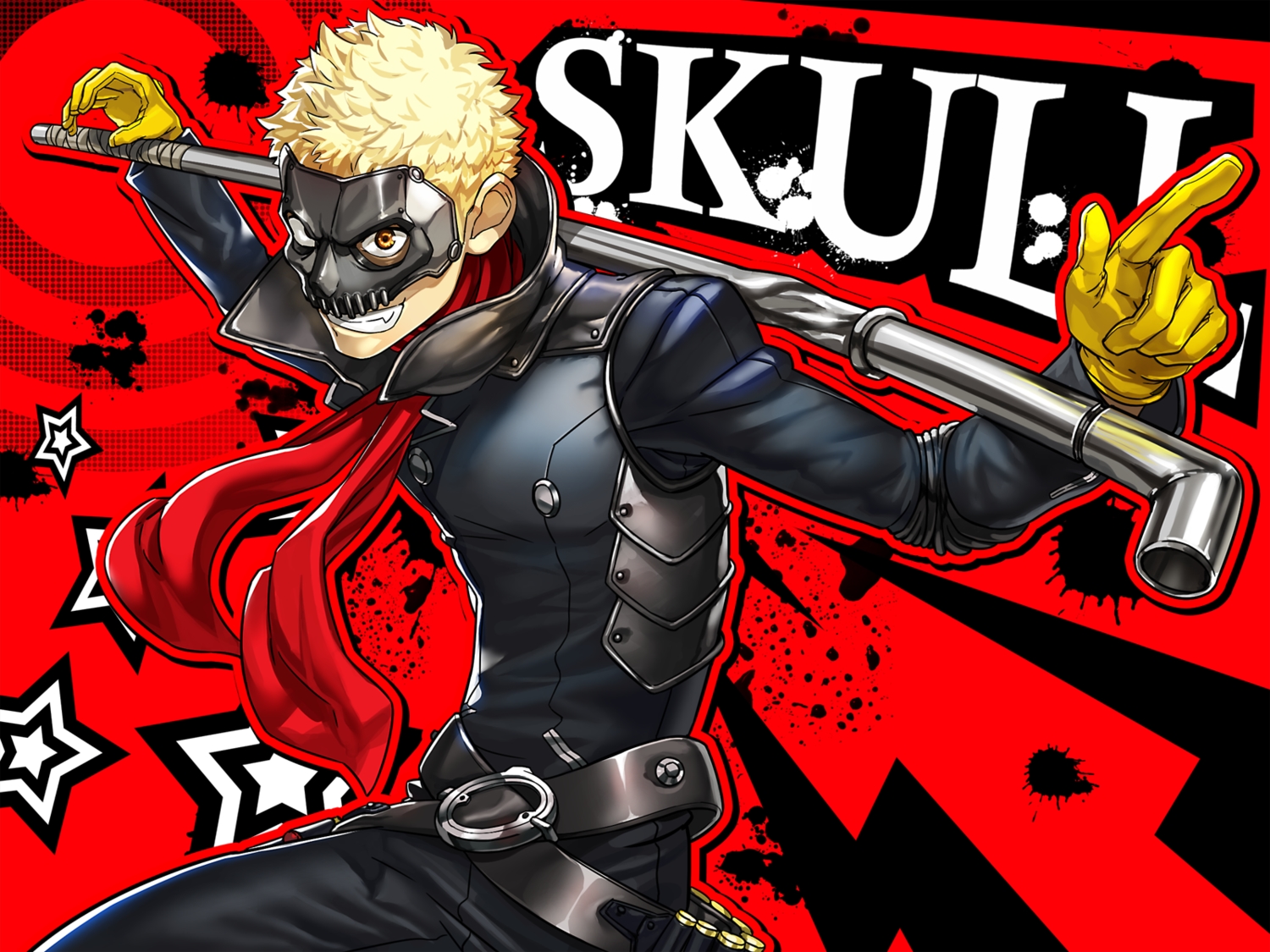 all_male, blonde_hair, bodysuit, gloves, male, mask, orange_eyes, persona
