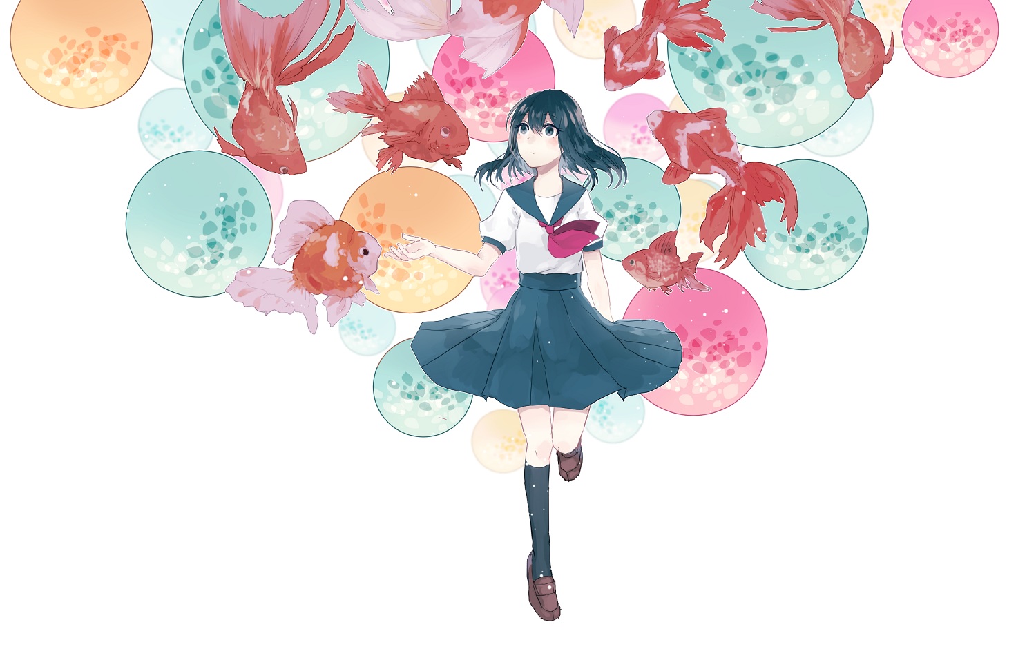 aliasing, animal, black_eyes, black_hair, danjou_sora, fish, kneehighs, original