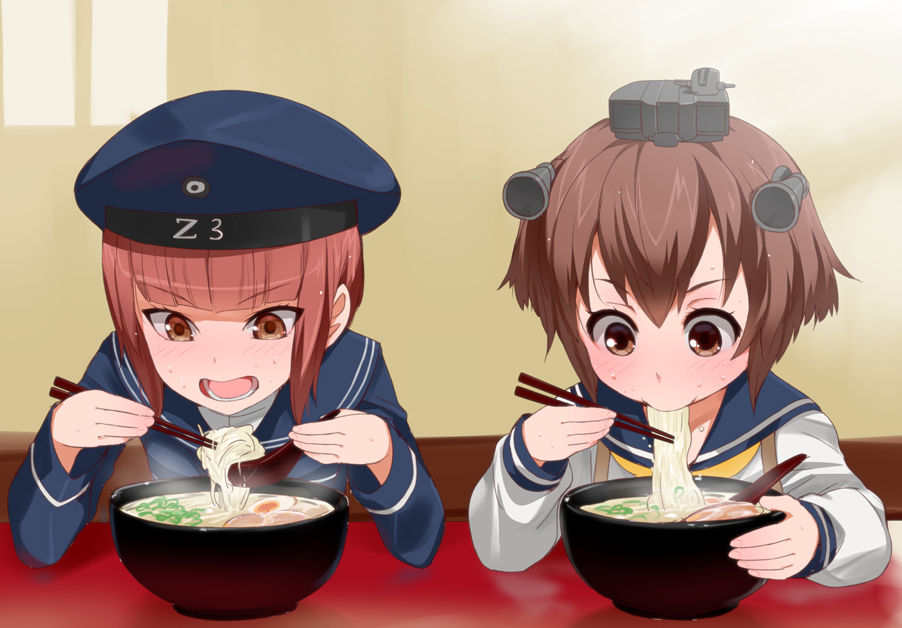 2girls, anthropomorphism, blush, brown_eyes, brown_hair, food, hat, headdress