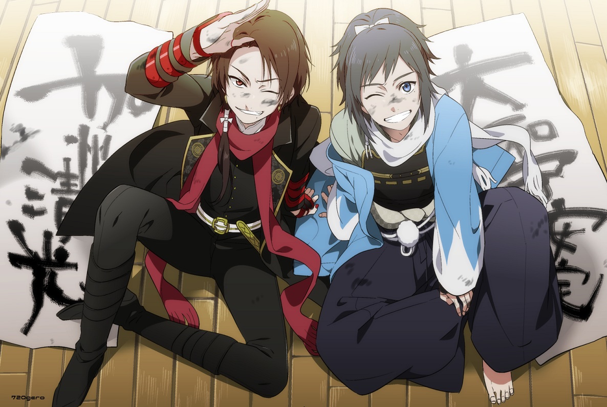 all_male, anthropomorphism, armor, barefoot, black_hair, blue_eyes, boots, brown_hair
