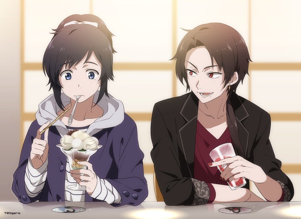 1672, aliasing, all_male, anthropomorphism, black_hair, blue_eyes, brown_hair, drink