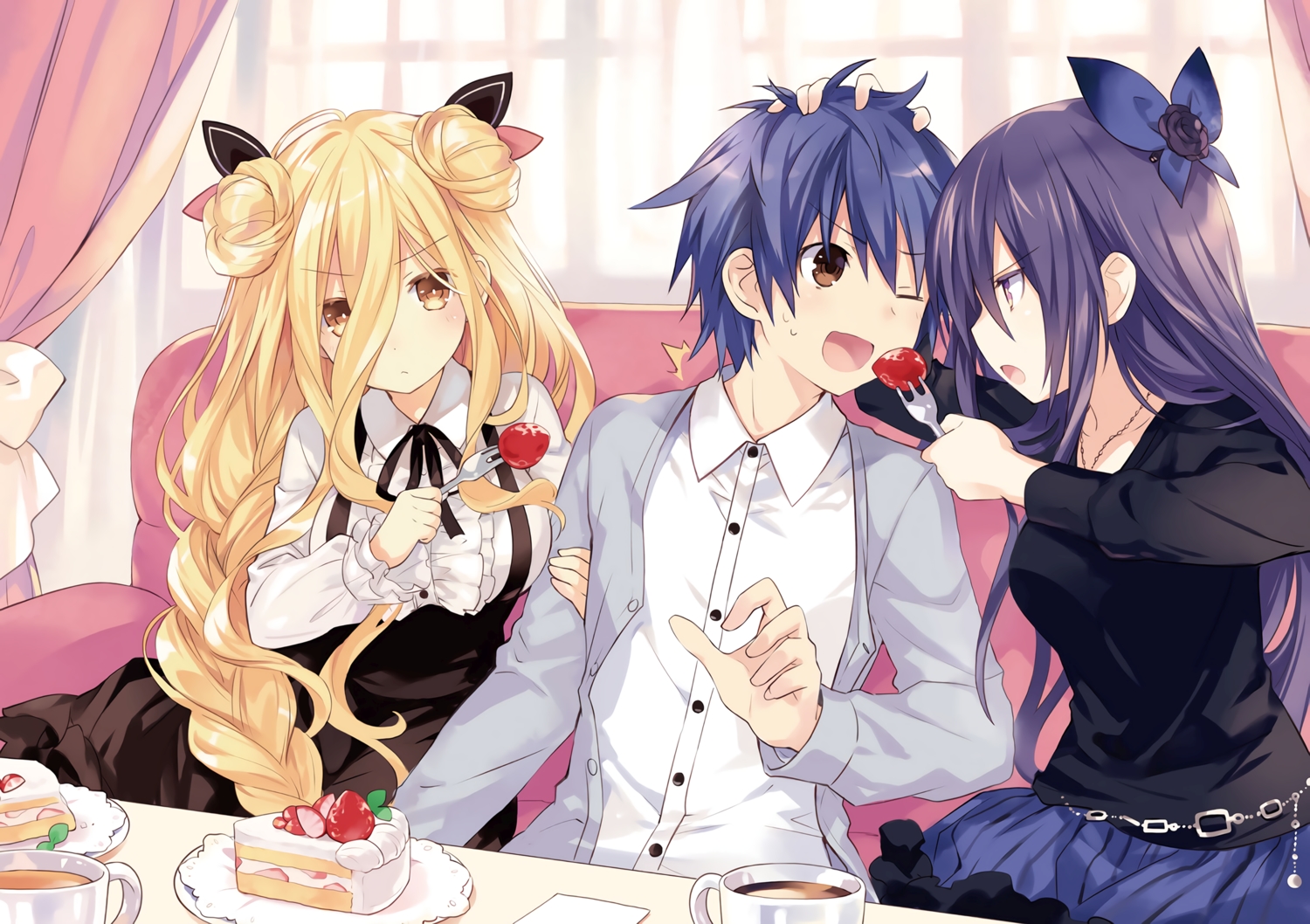 braids, date_a_live, dress, drink, food, fruit, hoshimiya_mukuro, itsuka_shidou, male, scan, strawberry, third-party_edit, tsunako, yatogami_tohka