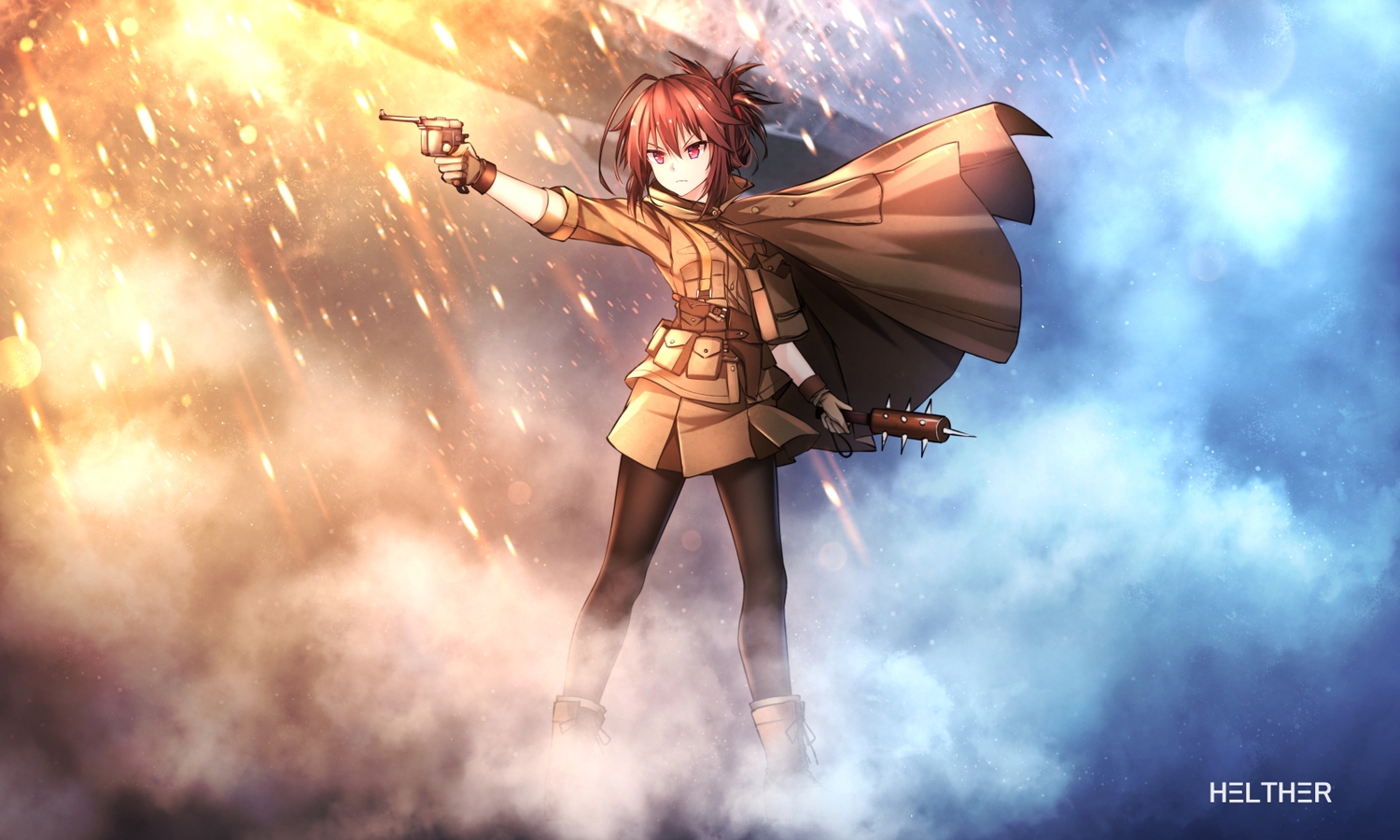 battlefield_(series), boots, brown_hair, gloves, gun, helther, military, original, pantyhose, red_eyes, uniform, weapon
