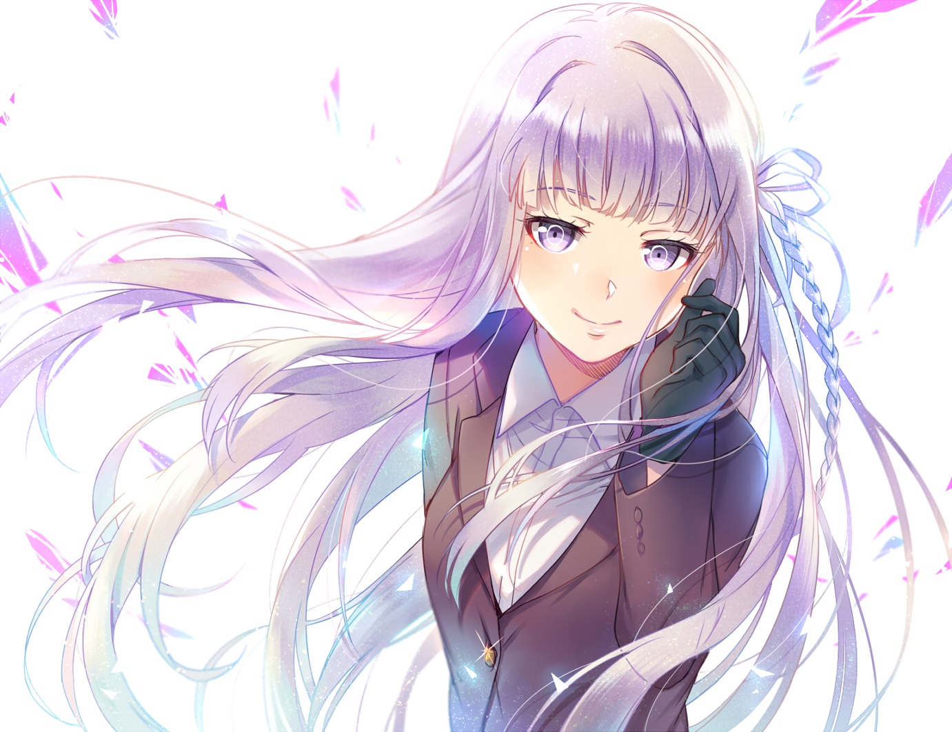 blush, braids, dangan-ronpa, ekira_nieto, gloves, kirigiri_kyouko, long_hair, purple_eyes, purple_hair