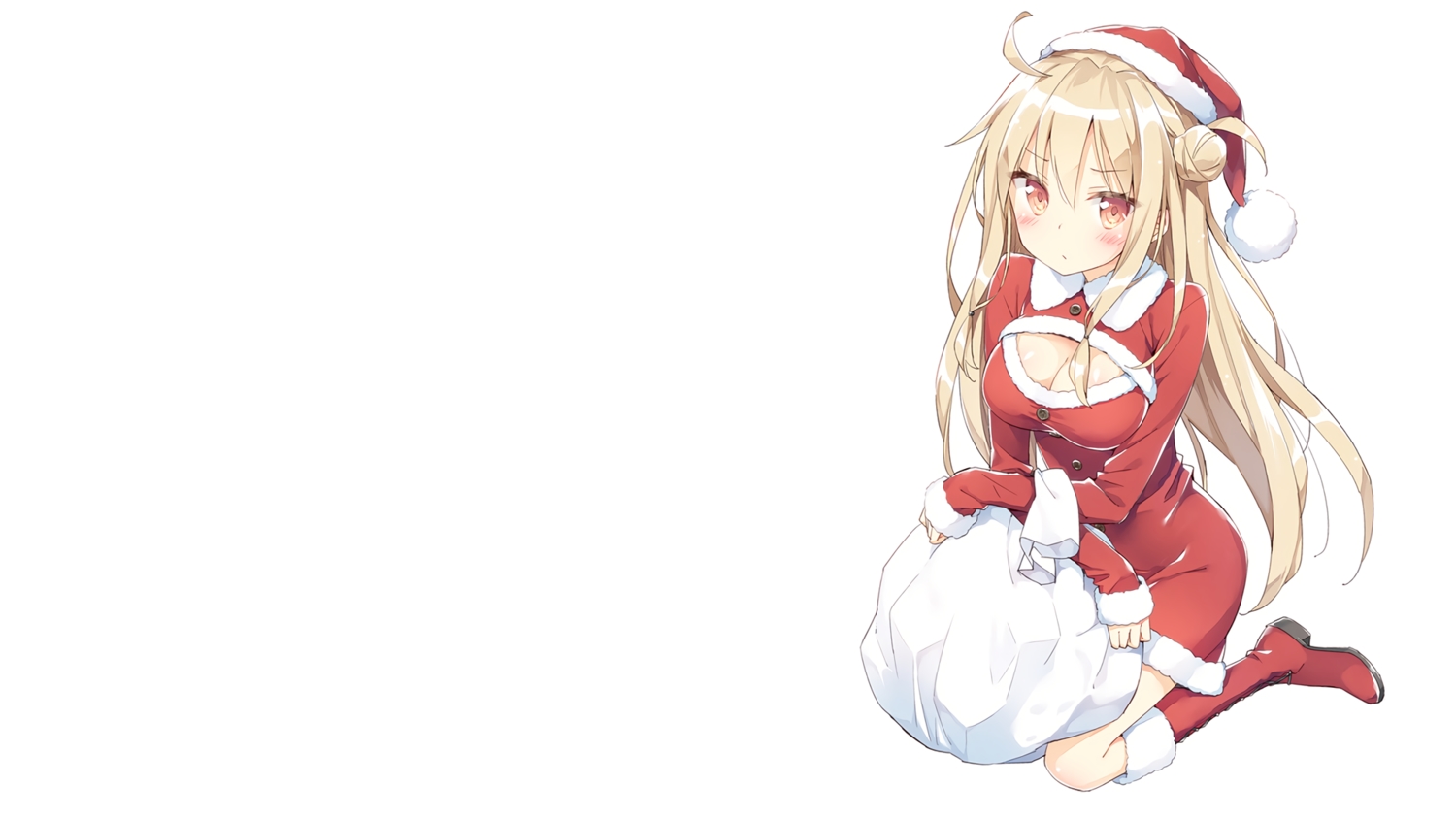 blonde_hair, blush, breasts, brown_eyes, christmas, cleavage, hat, kani_biimu