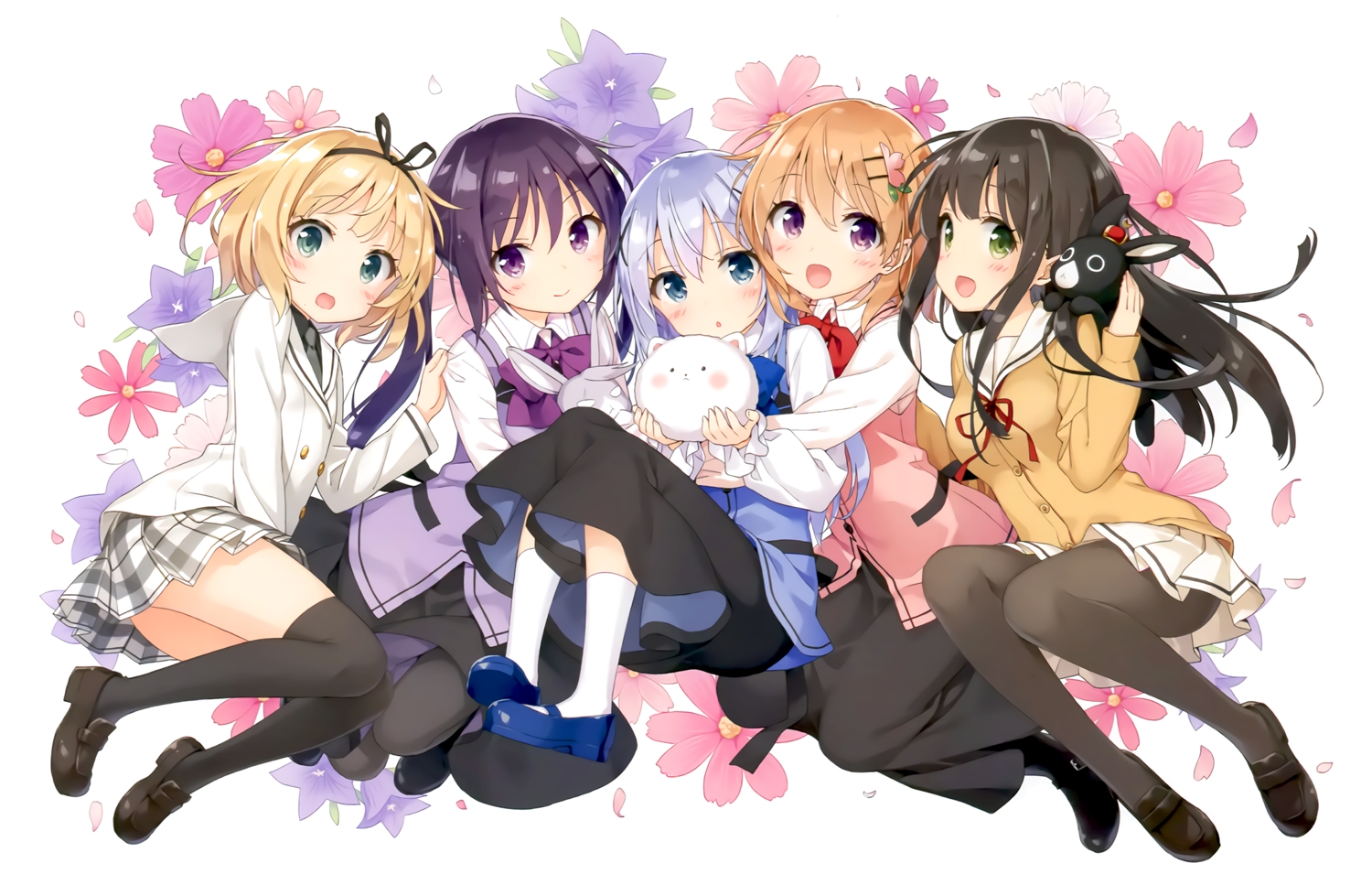 animal, anko_(gochiusa), gochuumon_wa_usagi_desu_ka?, hoto_cocoa, kafuu_chino, kani_biimu, kirima_sharo, pantyhose, rabbit, scan, school_uniform, tedeza_rize, thighhighs, third-party_edit, tippy_(gochiusa), ujimatsu_chiya, waitress, wild_geese