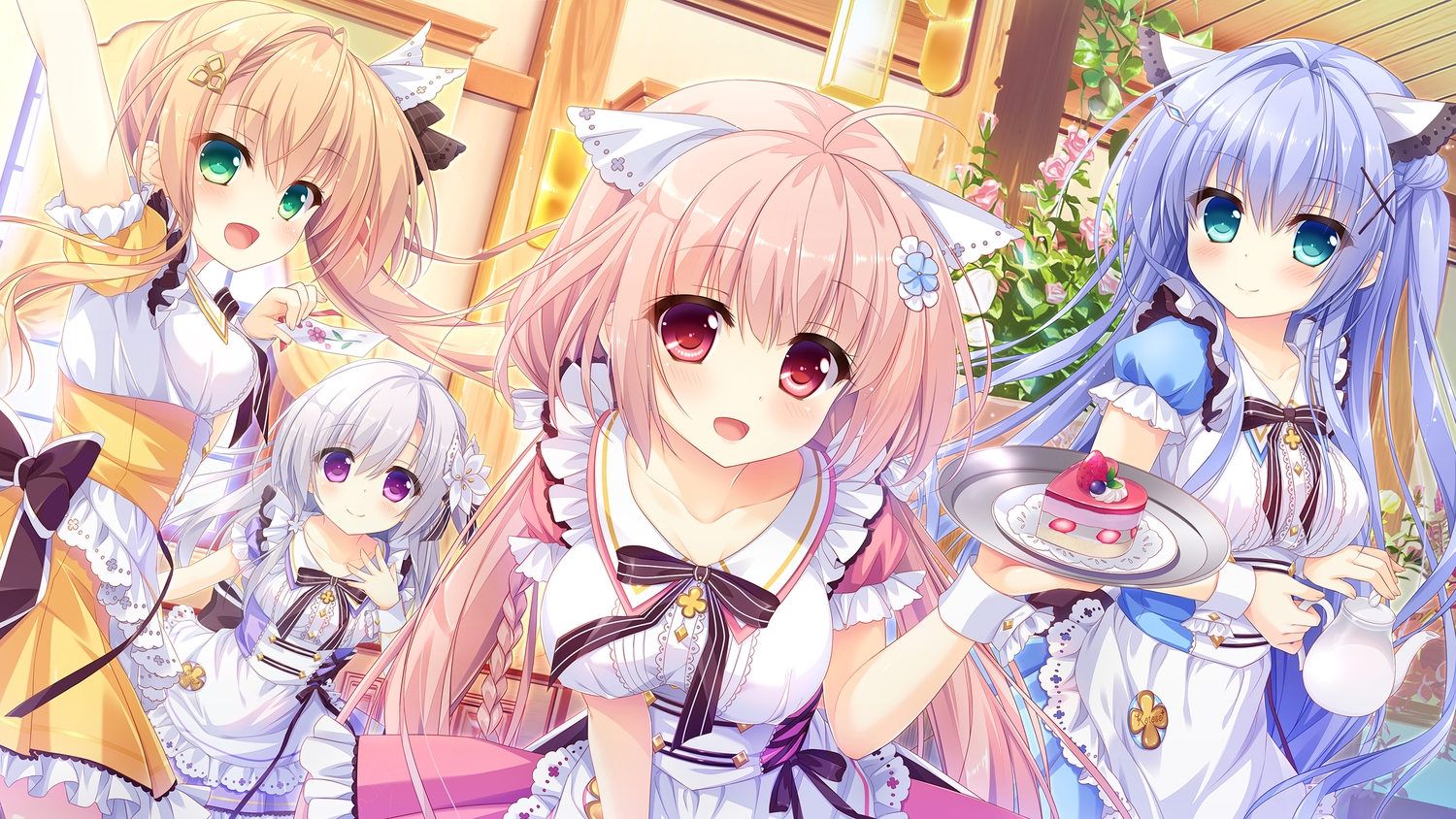 ameto_yuki, aqua_eyes, blonde_hair, blue_hair, blush, bow, breasts, dress, drink, flowers, food, fruit, game_cg, gray_hair, green_eyes, haru_(karenai_sekai_to_owaru_hana), karenai_sekai_to_owaru_hana, kotose_(karenai_sekai_to_owaru_hana), long_hair, maid, pink_hair, purple_eyes, red_eyes, ren_(karenai_sekai_to_owaru_hana), ribbons, sweet&tea, yukina_(karenai_sekai_to_owaru_hana)