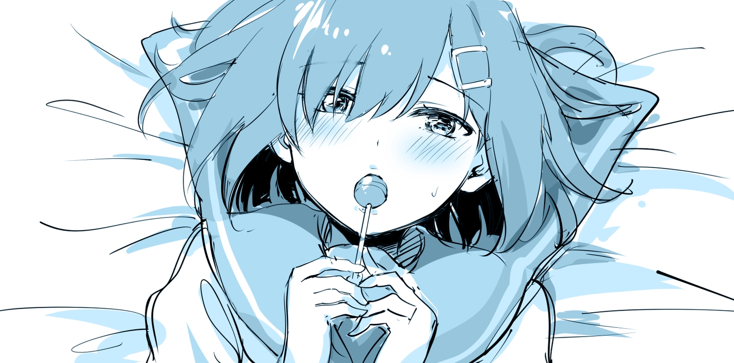 anthropomorphism, blue, blush, candy, hamakaze_(kancolle), ishima_yuu, kantai_collection, lollipop, monochrome, school_uniform, short_hair, sketch