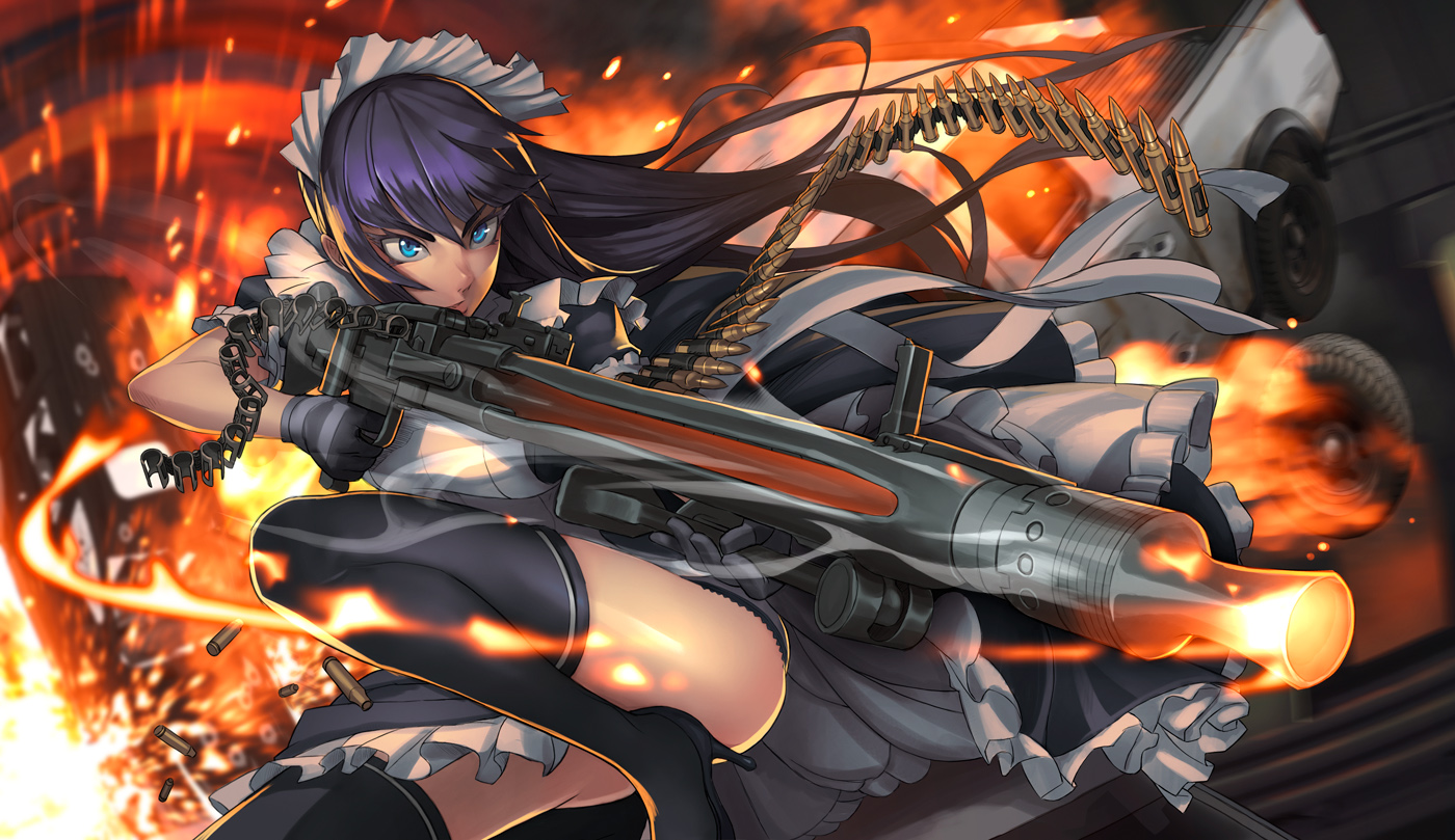 aqua_eyes, black_hair, car, dress, fire, gloves, gun, headdress, ikegami_noroshi, jpeg_artifacts, long_hair, maid, original, thighhighs, uniform, weapon