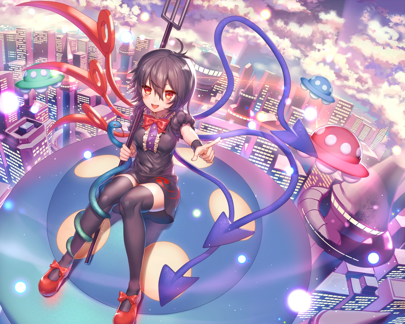 aircraft, animal, black_hair, blush, bow, building, city, clouds