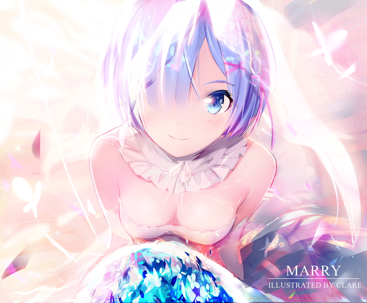 aqua_eyes, aqua_hair, breasts, clare_(543), cleavage, close, elbow_gloves, flowers, gloves, headdress, rem_(re:zero), re:zero_kara_hajimeru_isekai_seikatsu, short_hair, watermark, wedding_attire