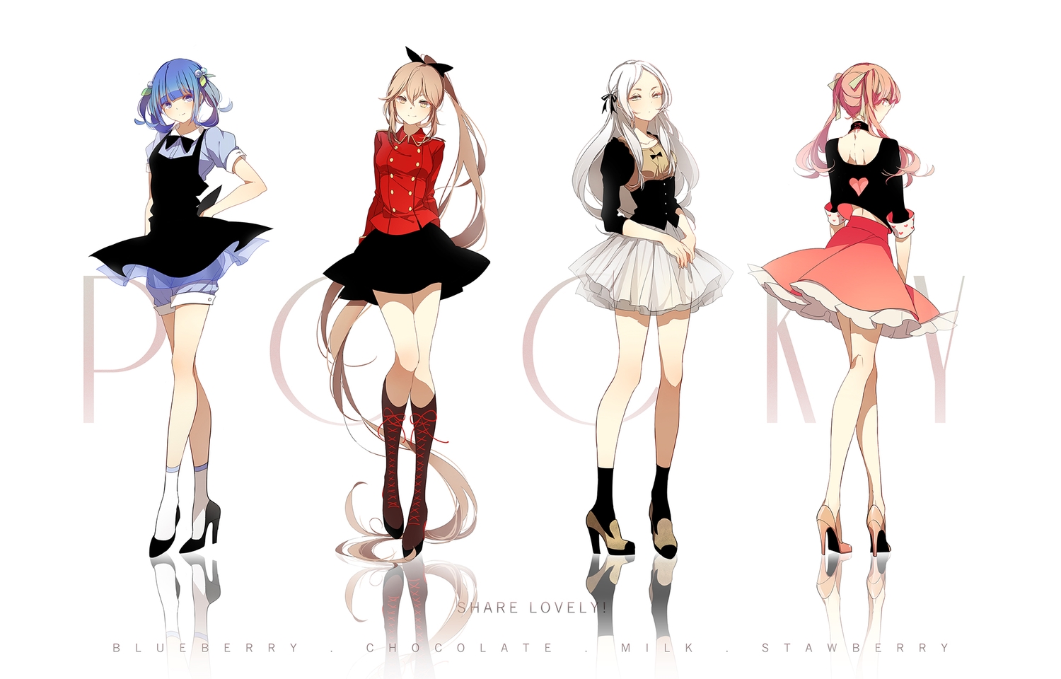 anthropomorphism, blue_hair, boots, brown_hair, dress, eyokiki, food, group, long_hair, original, pink_hair, pocky, ponytail, reflection, shorts, skirt, socks, twintails, white_hair