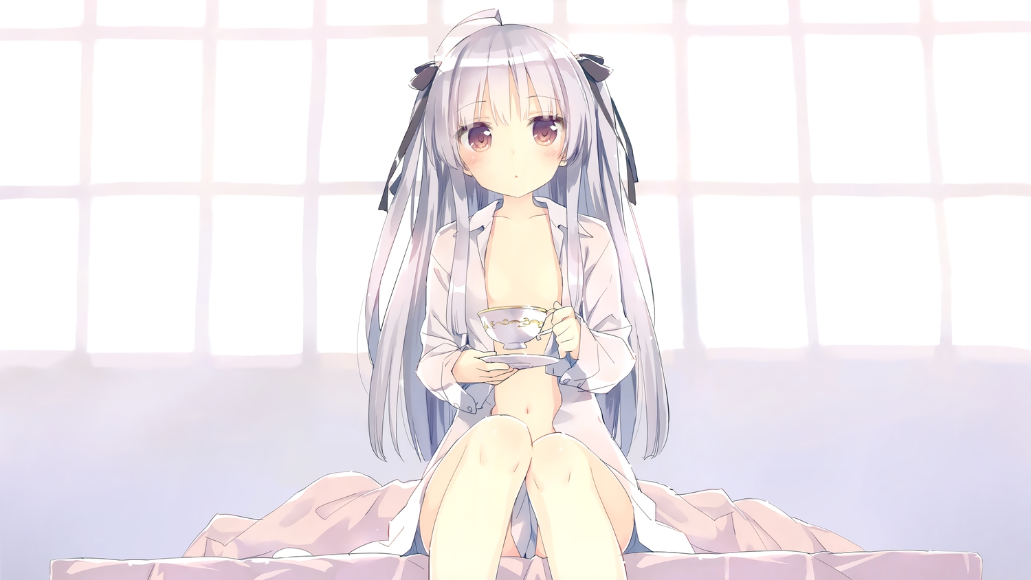 absolute_duo, bed, blush, brown_eyes, flat_chest, gray_hair, julie_sigtuna, kani_biimu
