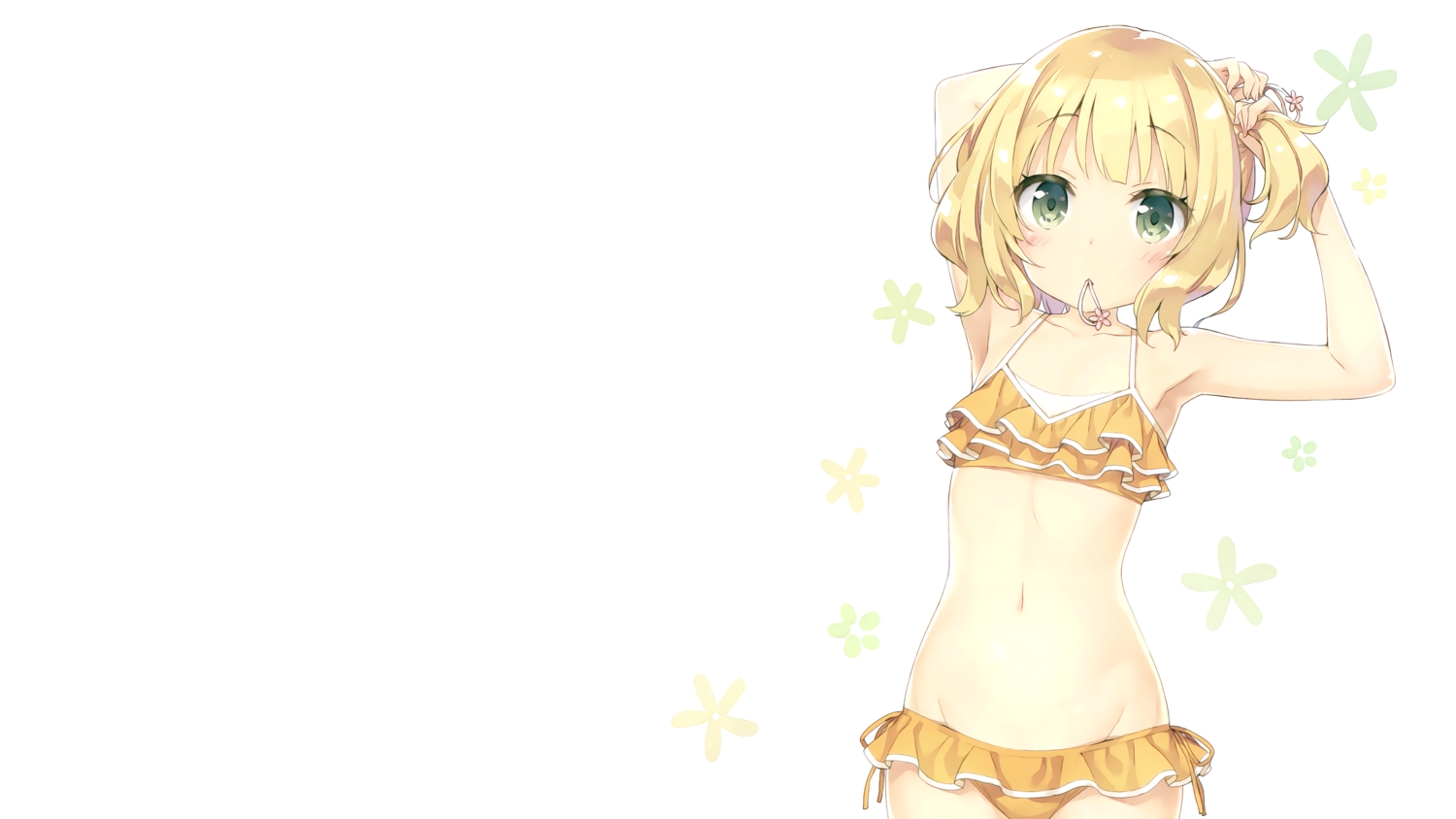 bikini, blonde_hair, blush, flat_chest, gochuumon_wa_usagi_desu_ka?, green_eyes, kani_biimu, kirima_sharo, navel, ponytail, scan, short_hair, swimsuit, third-party_edit, white