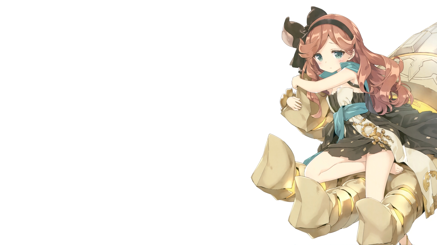 barefoot, blue_eyes, blush, breasts, brown_hair, cape, cleavage, dress, granblue_fantasy, headband, kani_biimu, long_hair, sara_(granblue_fantasy), scan, third-party_edit, white