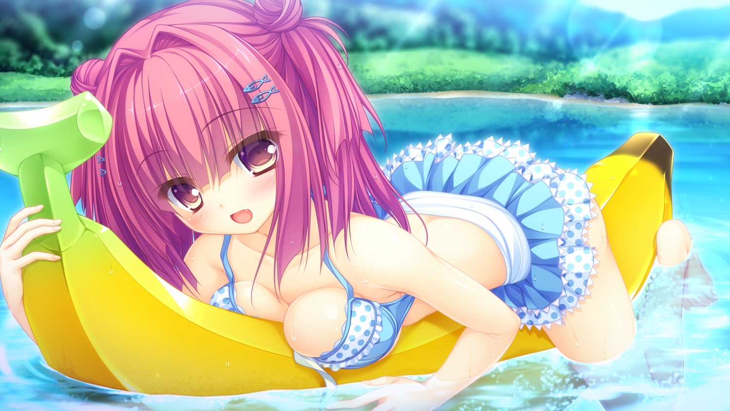 bikini, blush, breasts, cleavage, fang, game_cg, kujiragami_no_tearstilla, mikagami_mamizu, narumi_marine, pink_eyes, pink_hair, short_hair, swimsuit, twintails, water, wet, whirlpool
