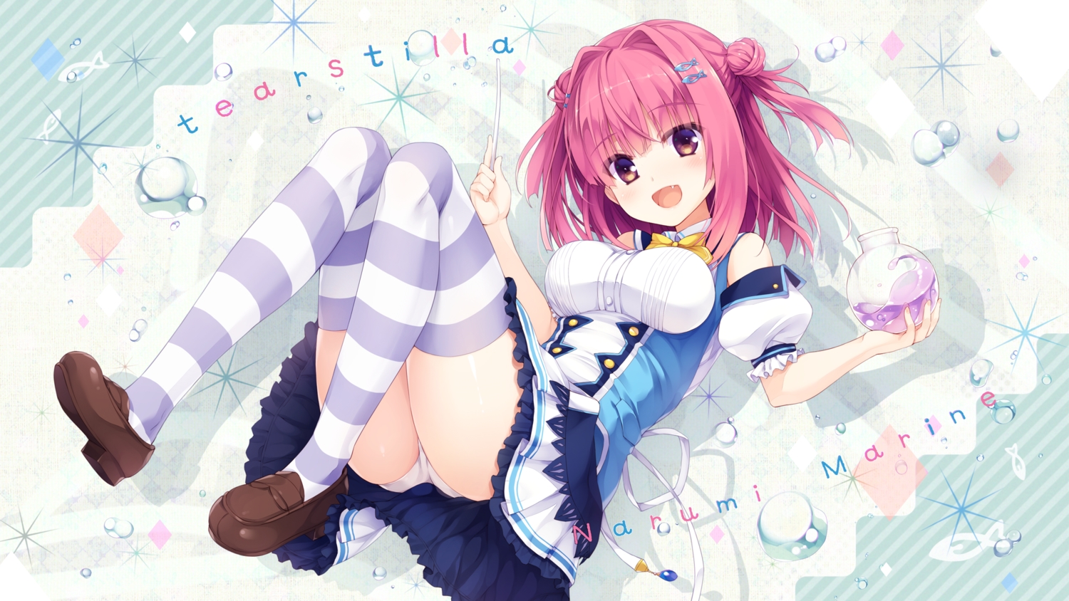 ass, blush, breasts, bubbles, fang, kujiragami_no_tearstilla, narumi_marine, panties, pink_eyes, pink_hair, ribbons, school_uniform, senji_(tegone_spike), short_hair, thighhighs, twintails, underwear, wand, whirlpool