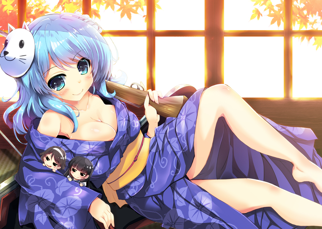 anthropomorphism, aqua_eyes, aqua_hair, autumn, black_hair, blush, breasts, brown_hair, chibi, cleavage, gun, headband, isokaze_(kancolle), japanese_clothes, kantai_collection, leaves, long_hair, maruchan, mask, no_bra, school_uniform, short_hair, tanikaze_(kancolle), urakaze_(kancolle), weapon, yukata