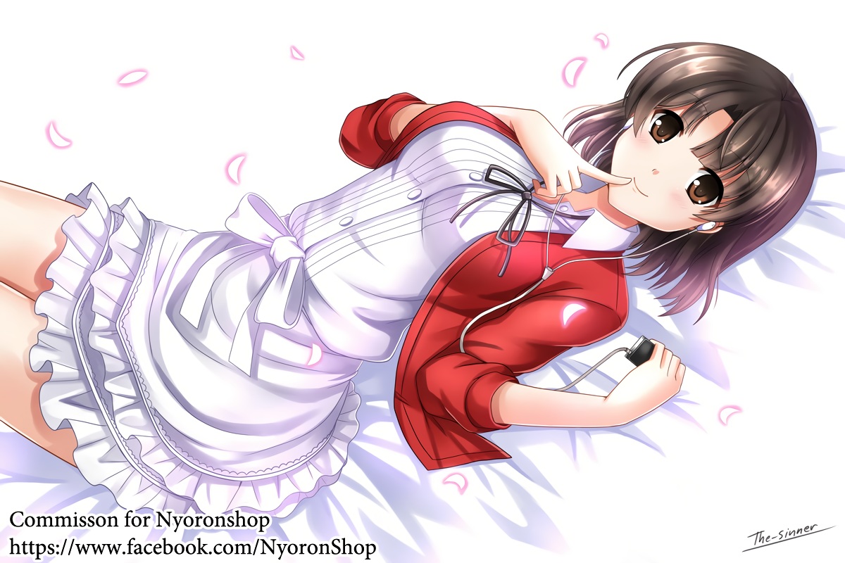 brown_eyes, brown_hair, dress, headphones, ipod, katou_megumi, petals, ribbons