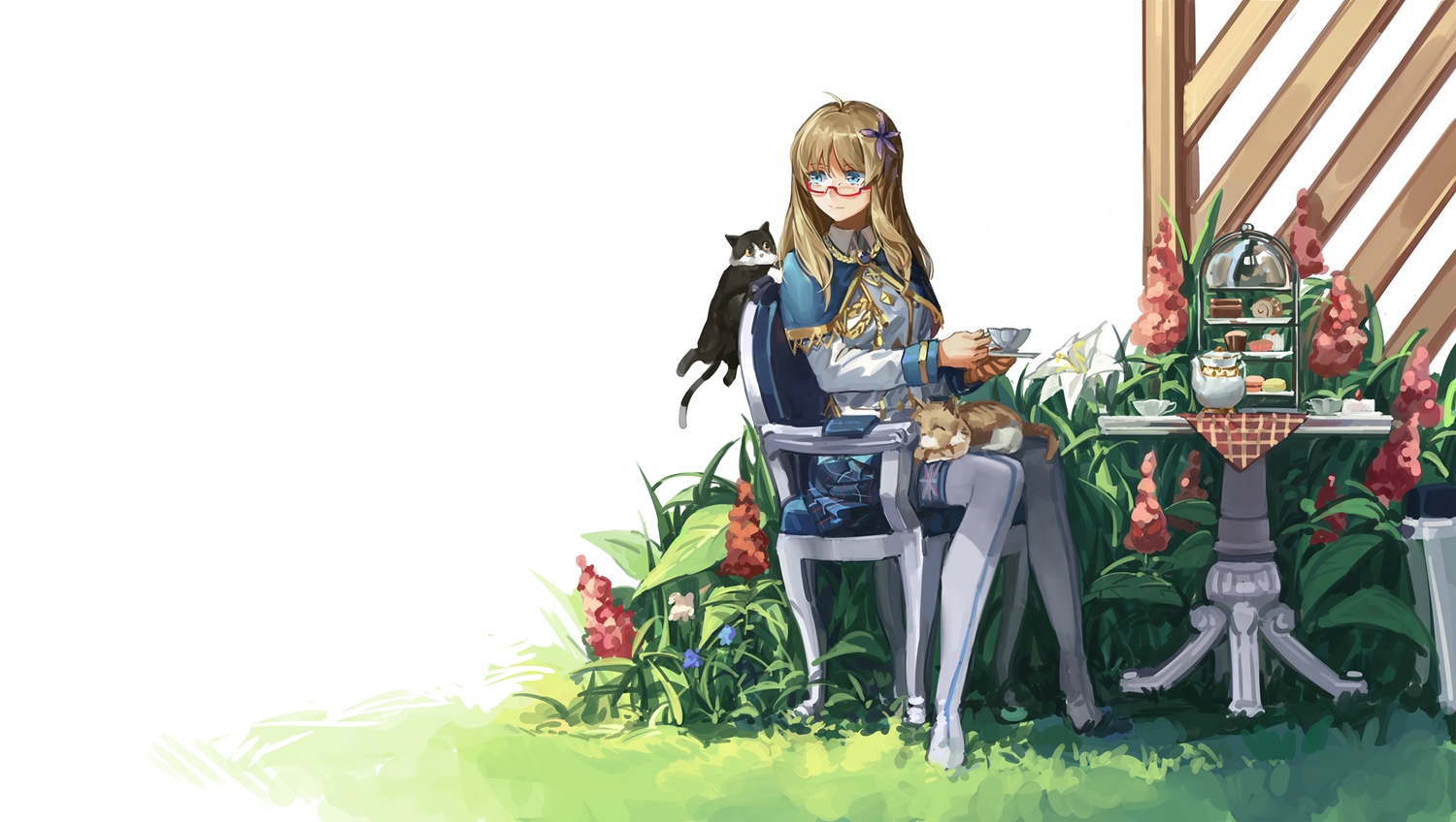 animal, anthropomorphism, blonde_hair, blue_eyes, cape, cat, drink, flowers, food, glasses, grass, hood_(zhanjian_shaonu), rff_(3_percent), thighhighs, zhanjian_shaonu