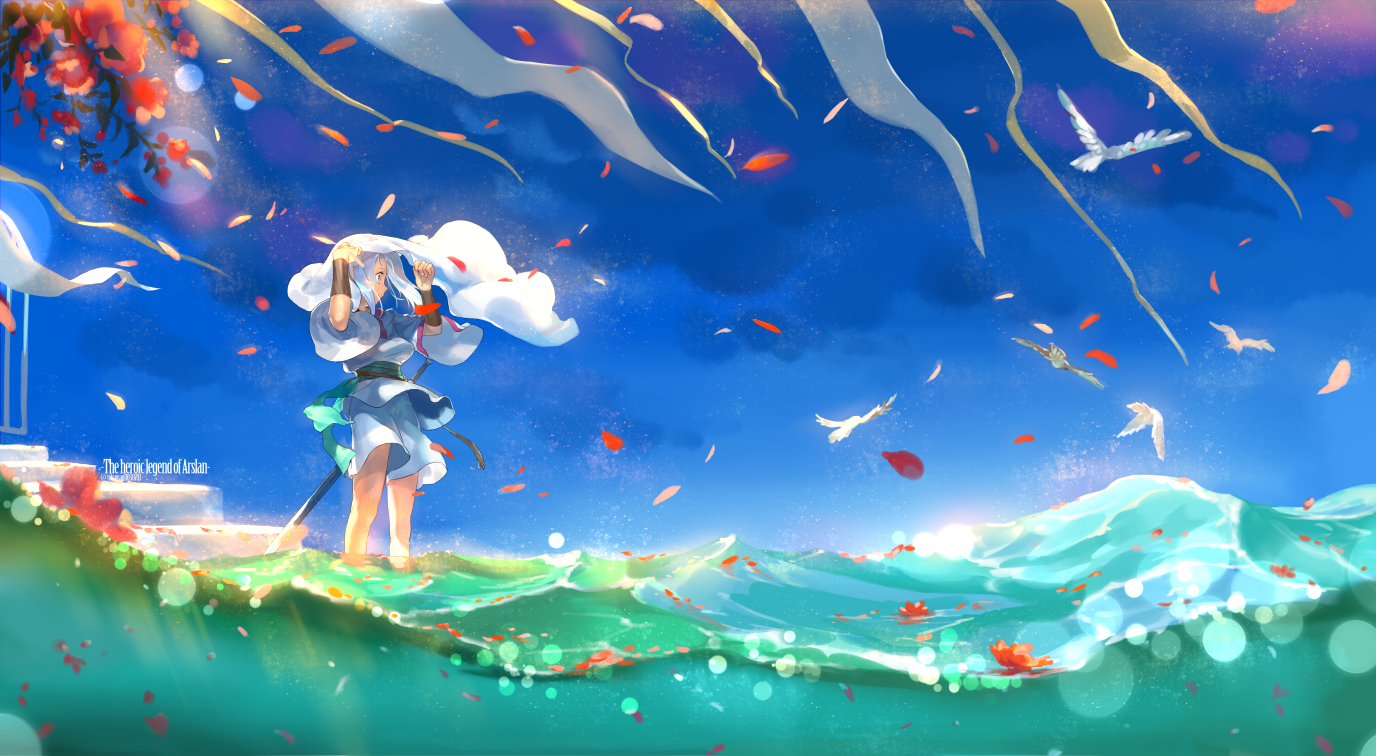 aliasing, animal, arslan_(arslan_senki), arslan_senki, bird, flowers, holy_pumpkin, male, petals, short_hair, sword, water, weapon, white_hair