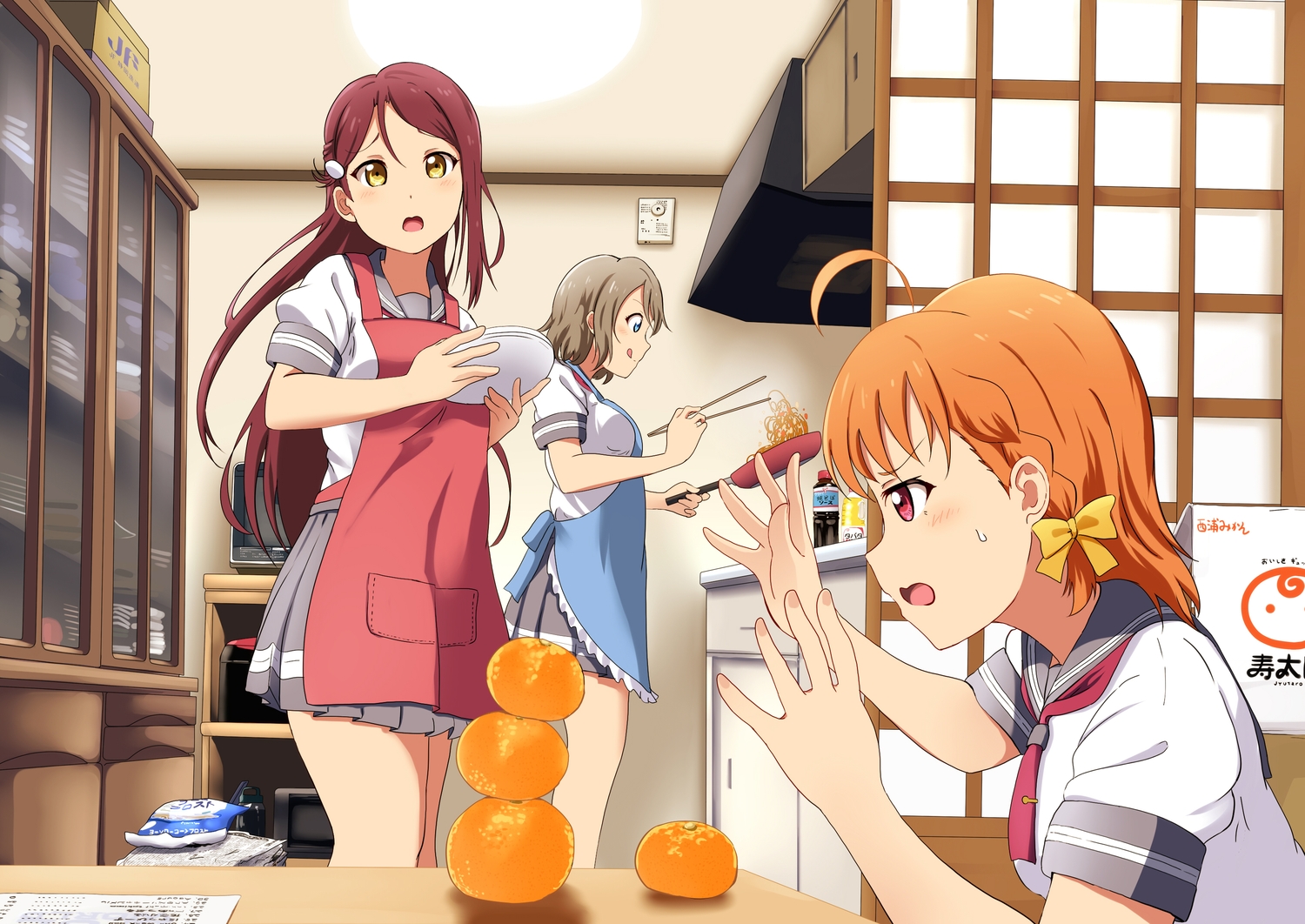 apron, aqua_eyes, blush, braids, brown_hair, food, fruit, long_hair