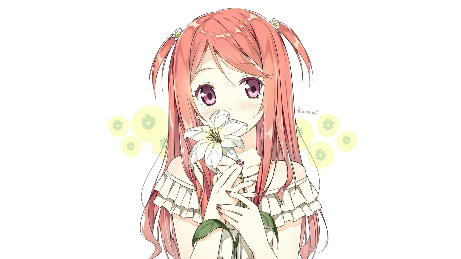 blush, flowers, kurumi_(kantoku), long_hair, necklace, original, purple_eyes, red_hair
