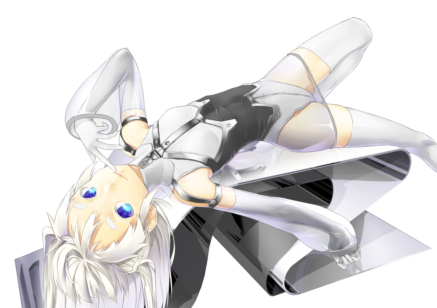 aqua_eyes, collar, dress, elbow_gloves, gloves, hiko_(hiko224556), leotard, long_hair, original, see_through, thighhighs, white, white_hair