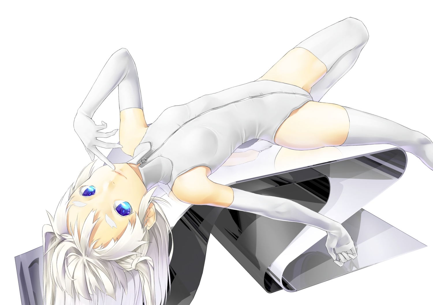 aqua_eyes, collar, elbow_gloves, gloves, hiko_(hiko224556), leotard, long_hair, original, thighhighs, white, white_hair