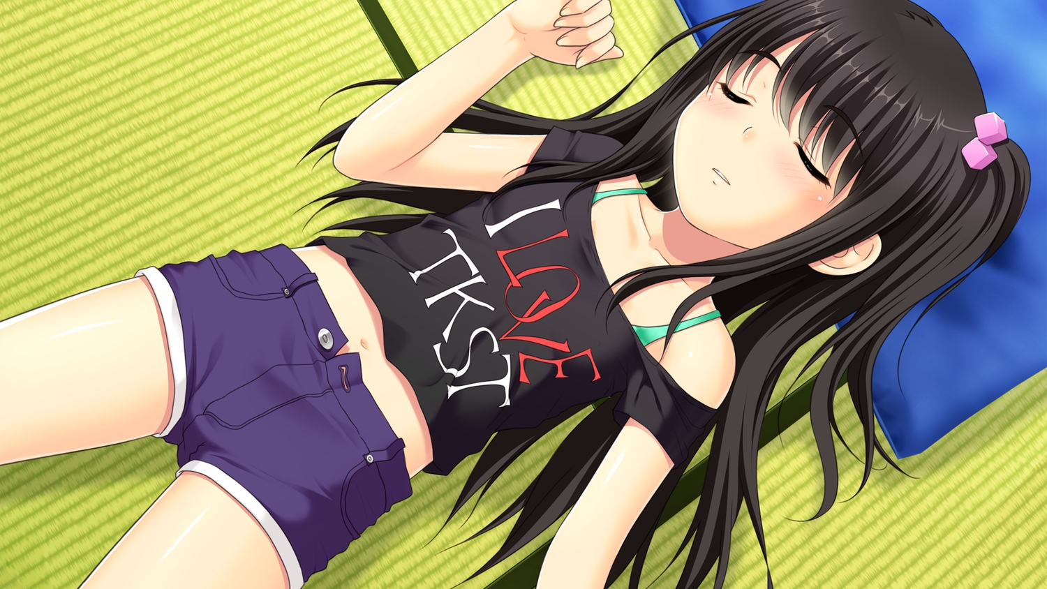 adachi_tenka, black_hair, game_cg, green, loli, long_hair, navel, nonohara_miki