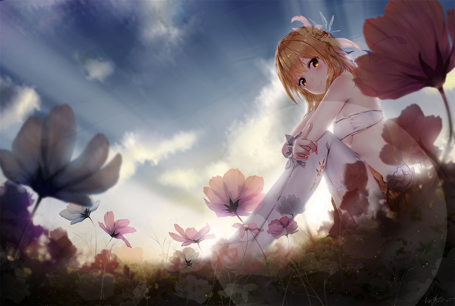 blonde_hair, blush, breasts, clouds, flowers, futoshi_ame, grass, orange_eyes