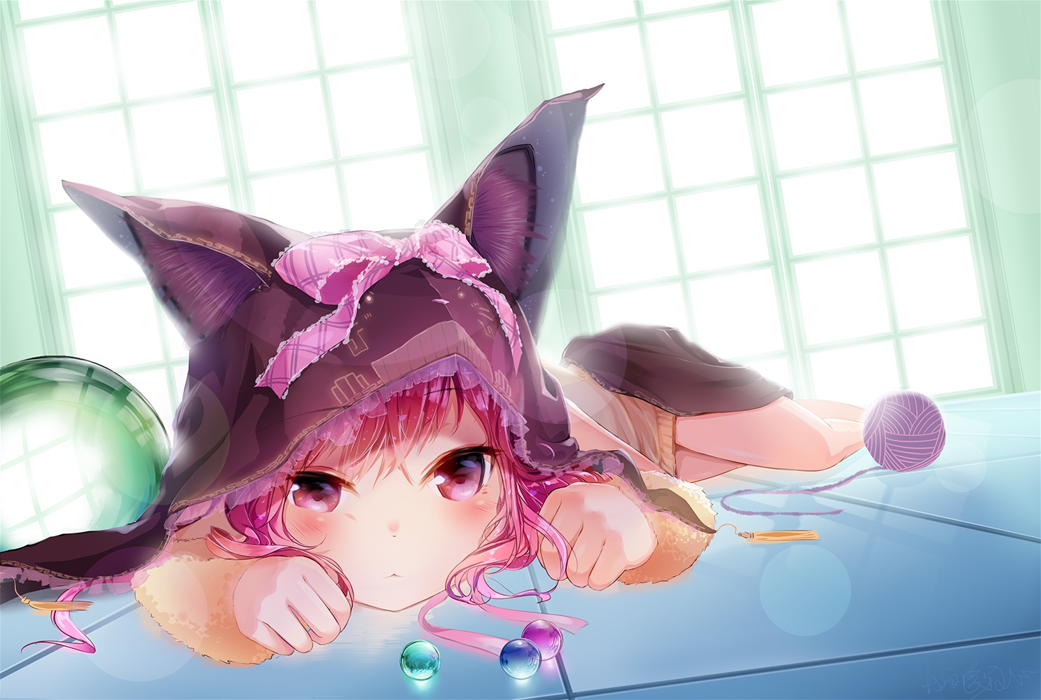 animal_ears, ball, blush, bow, catgirl, futoshi_ame, original, pink_eyes, pink_hair