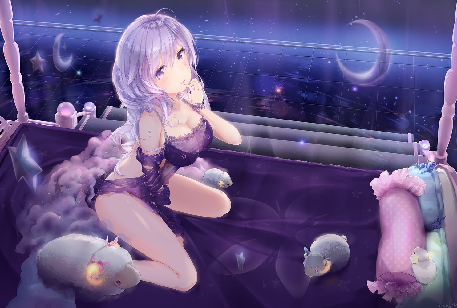 bed, blush, breasts, cleavage, futoshi_ame, long_hair, moon, original, purple_eyes, purple_hair, signed, stars