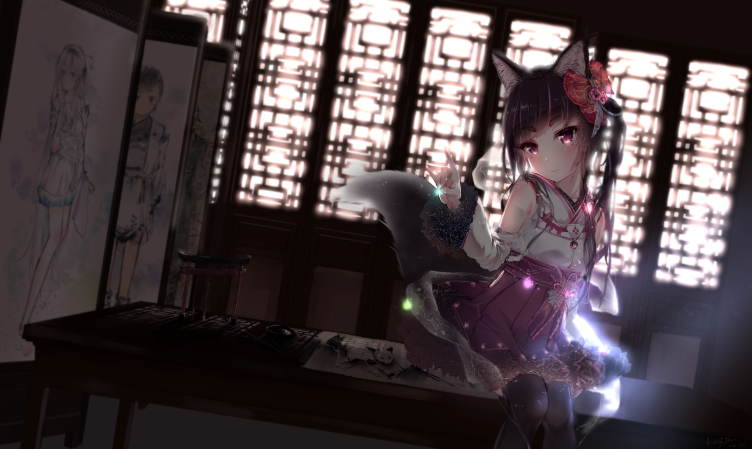 animal_ears, blush, brown_hair, foxgirl, futoshi_ame, japanese_clothes, long_hair, original, red_eyes, ribbons, tail