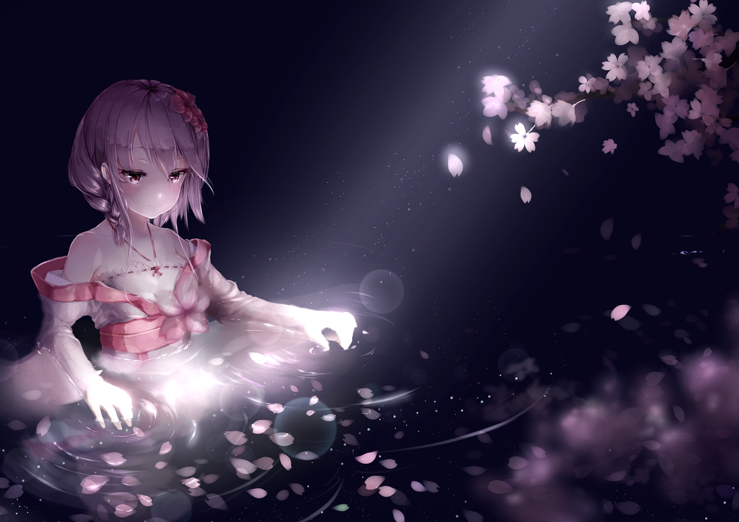 anthropomorphism, blush, braids, flowers, futoshi_ame, japanese_clothes, petals, pink_eyes