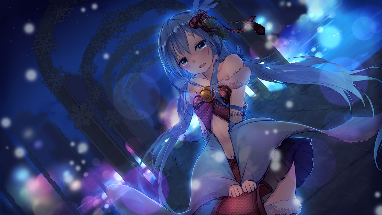 aqua_eyes, aqua_hair, blush, bow, futoshi_ame, long_hair, navel, night