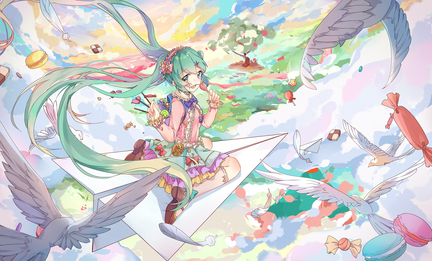 aircraft, animal, aqua_eyes, aqua_hair, bird, bow, candy, clouds, dress, feathers, food, hatsune_miku, headdress, hnanati, kneehighs, lolita_fashion, lollipop, long_hair, paper, pocky, sky, tree, twintails, vocaloid