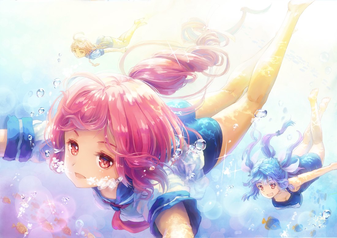 animal, anthropomorphism, aqua_hair, bubbles, fish, i-168_(kancolle), i-19_(kancolle), i-58_(kancolle)