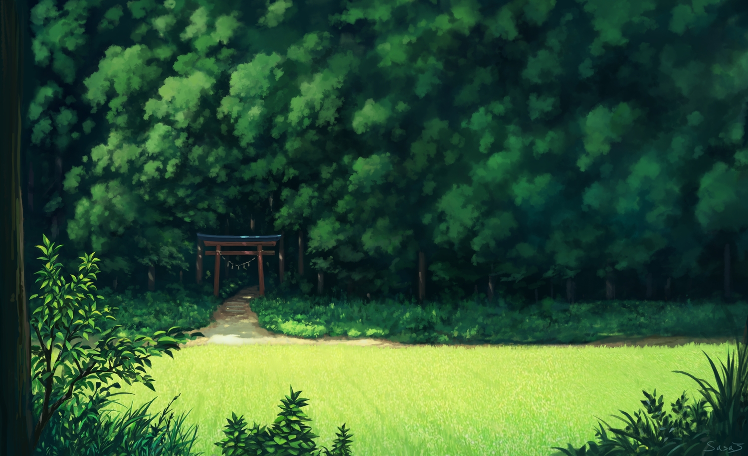 forest, grass, green, landscape, no_humans, original, sasajqazwsx, scenic, torii, tree