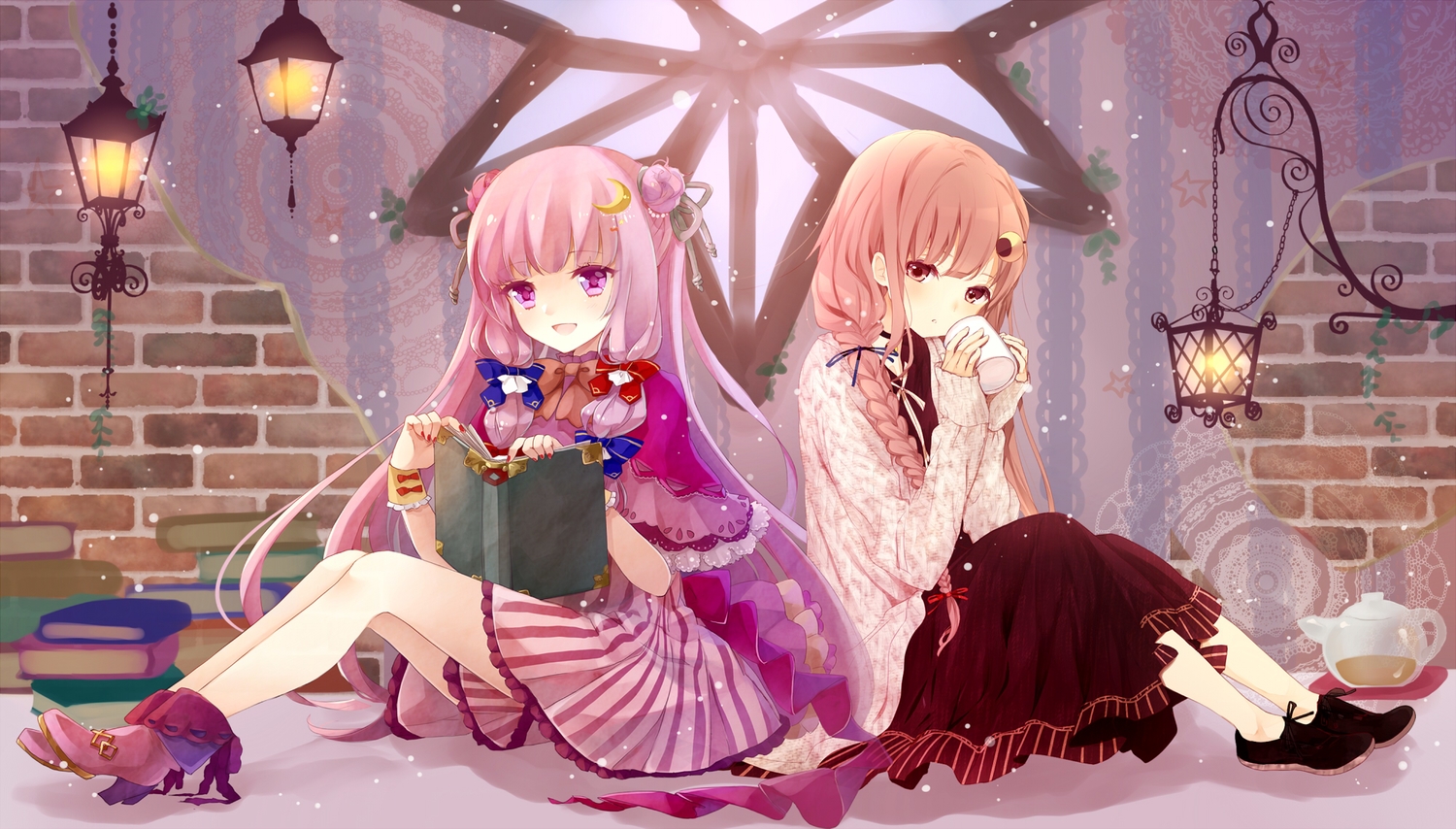book, boots, bow, braids, cape, choker, dress, drink, long_hair, patchouli_knowledge, pink_eyes, pink_hair, puracotte, purple_eyes, purple_hair, touhou, twintails, wristwear