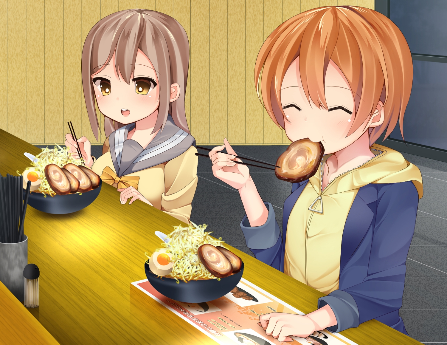 2girls, aliasing, blush, brown_hair, crossover, food, hood, hoshizora_rin, kunikida_hanamaru, love_live!_school_idol_project, love_live!_sunshine!!, orange_hair, sakura_choko, school_uniform, short_hair, yellow_eyes