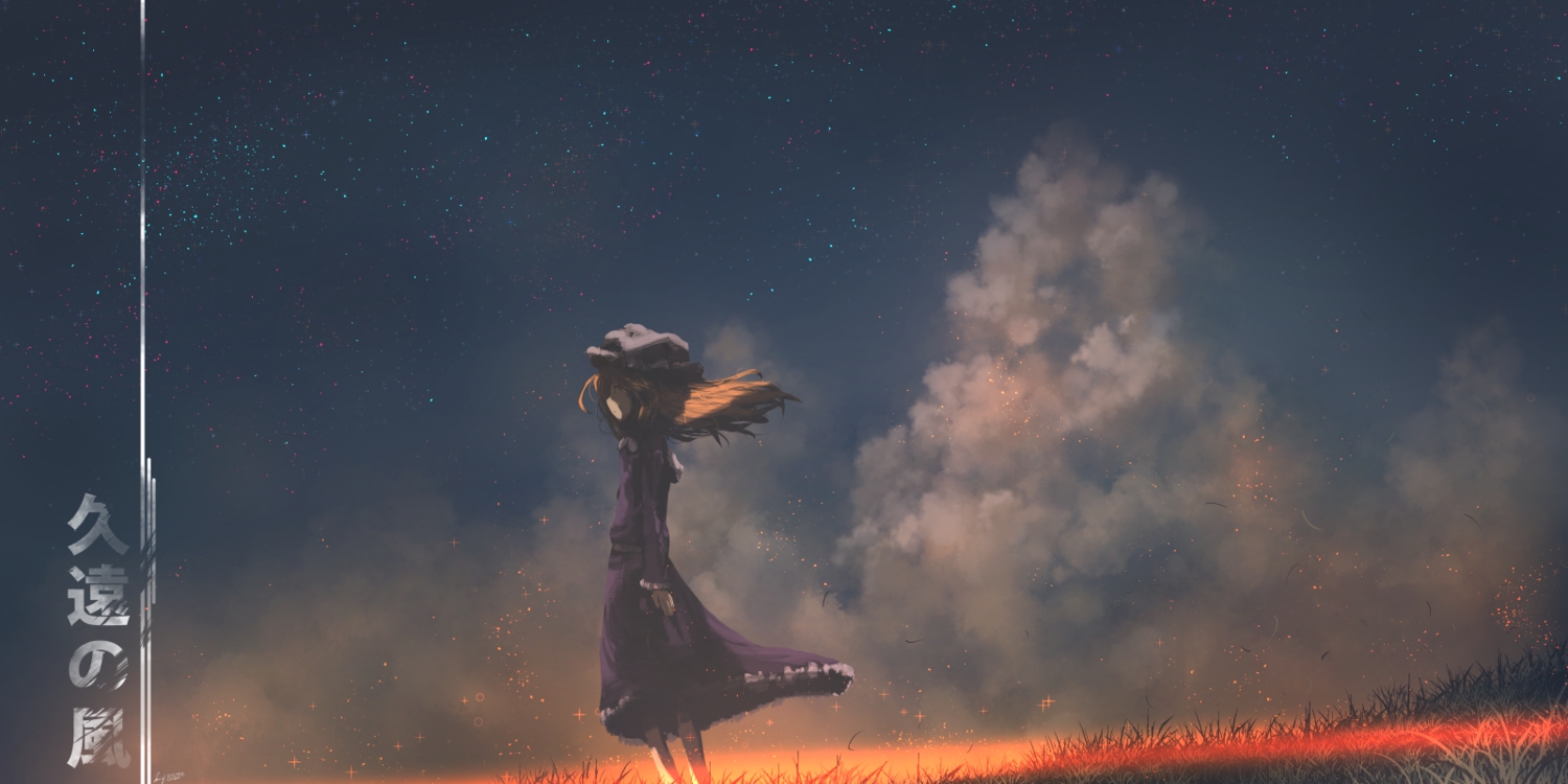 blue, brown_hair, clouds, dress, long_hair, maribel_han, signed, touhou, wjstpwls4