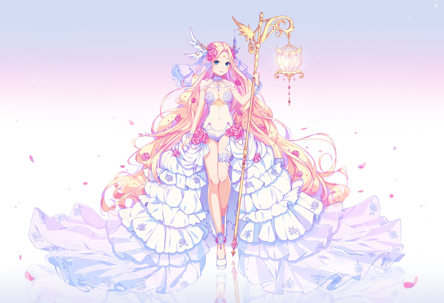 aqua_eyes, blonde_hair, bodysuit, breasts, collar, flowers, garter, gradient